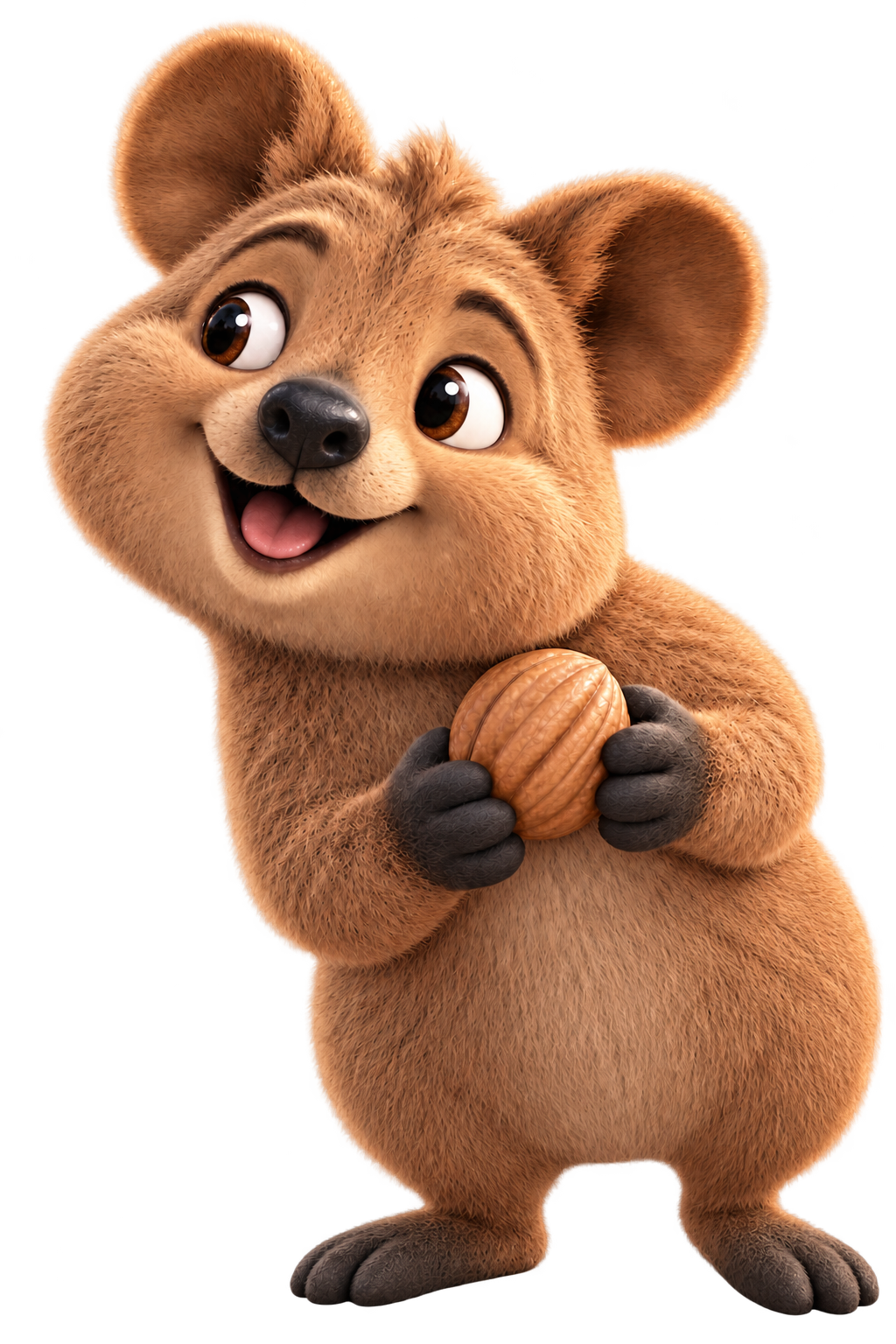 A curious Quokka holding a natural walnut